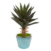 Nearly Natural 9775 21" Artificial Green Agave Plant in a Turquoise Planter with Silver Trimming