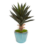 Nearly Natural 9775 21" Artificial Green Agave Plant in a Turquoise Planter with Silver Trimming