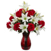 Nearly Natural 1661 Roses & Lilies Artificial Arrangement in Red Vase