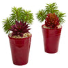 Nearly Natural 8440-S2 12" Artificial Green & Maroon Mixed Succulents Plant in Burgundy Vase, Set of 2