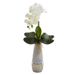 Nearly Natural A1346 24" Artificial Green & White Phalaenopsis Orchid Arrangement in Stoneware Vase with Gold Trimming