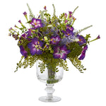 Nearly Natural A1047 15" Artificial Green & Purple Morning Glory Arrangement in Royal Glass Urn