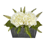 Nearly Natural 11``Hydrangea and Fern Artificial Plant in Embossed Tin Planter