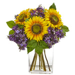 Nearly Natural A1022 17" Artificial Sunflower & Lilac Arrangement in Vase,  Multicolor