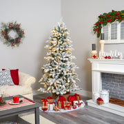 Nearly Natural 6` Flocked Livingston Fir Artificial Christmas Tree with Pine Cones and 300 Clear Warm LED Lights