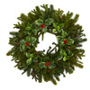 Nearly Natural 22``Pine, Pinecone and Variegated Holly Leaf Artificial Wreath