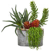 Nearly Natural 8665 22" Artificial Green Mixed Succulent Garden Plant in Metal Planter