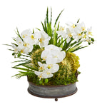 Nearly Natural A1003 20" Artificial Green & White Phalaenopsis Orchid & Cactus Silk Arrangement