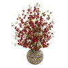 Nearly Natural A1301 30" Artificial Red Cherry Blossom Arrangement in Stoneware Vase with Gold Trimming