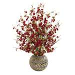 Nearly Natural A1301 30" Artificial Red Cherry Blossom Arrangement in Stoneware Vase with Gold Trimming