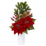 Nearly Natural 1871 Red Poinsettia Berry Artificial Arrangement in White Vase