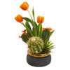 Nearly Natural A1179 18" Artificial Green & Orange Tulips & Succulents Arrangement in Stoneware Vase