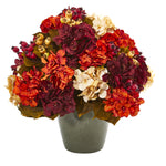 Nearly Natural A1015 20" Artificial Autumn Hydrangea Arrangement in Green Vase, Multicolor