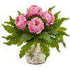 Nearly Natural A1017 19" Artificial Green & Pink Peony & Fern Arrangement in Floral Vase