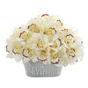 Nearly Natural 12`` Cymbidium Orchid Artificial Arrangement in Tin White Vase