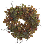 Nearly Natural 24`` Fatsia with Berries Autumn Artificial Wreath