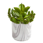 Nearly Natural 8491 12" Artificial Green Aloe & Sedum Succulent Plant in Marble Finish Vase