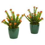 Nearly Natural 8213-S2 10" Artificial Green & Orange Sedum Succulent Plant in Green Planter, Set of 2