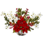 Nearly Natural 1983 18" Artificial Green & Red Poinsettia, Dogwood, Berry & Pine Arrangement in Silver Vase