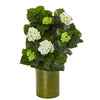 Nearly Natural 9422 32" Artificial Green & White Hydrangea Plant in Metal Green Planter