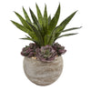 Nearly Natural P1314 20" Artificial Green & Purple Echeveria Succulent & Sansevieria Plant in Sand Colored Planter