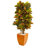 Nearly Natural 6455 5.5' Artificial Green & Yellow Real Touch Croton Plant in Orange Planter