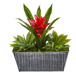 Nearly Natural 11`` Bromeliad and Agave Artificial Plant in Embossed Tin Planter