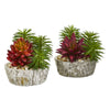 Nearly Natural 8433-S2 7" Artificial Green & Purple Succulent Plant in Weathered Oak Planter, Set of 2