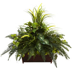 Nearly Natural 6792 36" Artificial Green Mixed Grass & River Fern with Wood Planter