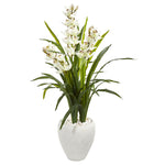 Nearly Natural 9444 4' Artificial Green & White Cymbidium Orchid Plant in White Planter