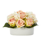 Nearly Natural 7`` Rose and Hydrangea Artificial Arrangement in White Vase