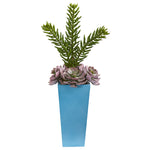 Nearly Natural 8482 33" Artificial Green Echeveria & Spiky Succulent Plant in Blue Planter