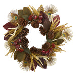 Nearly Natural 4276 27" Artificial Magnolia Leaf, Berry, Antler & Peacock Feather Wreath, Multicolor