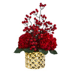 Nearly Natural 18`` Hydrangea and Berries Artificial Arrangement in Gold Vase