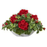 Nearly Natural A1085 15" Artificial Green & Red Hydrangea & Holly Leaf Arrangement in Decorative Vase