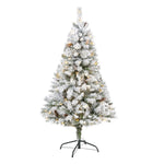 Nearly Natural 5` Flocked White River Mountain Pine Artificial Christmas Tree with Pinecones and 150 Clear LED Lights