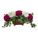 Nearly Natural 1735 Mum & Hydrangea Artificial Arrangement in Metal Planter