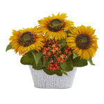 Nearly Natural A1270 14" Artificial Yellow Sunflower & Kalanchoe Arrangement in White Tin Vase
