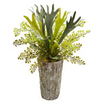 Nearly Natural 8271 19" Artificial Green Staghorn & Maiden Hair Fern Plant in Weathered Vase