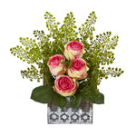 Nearly Natural 13`` Rose and Maiden Hair Artificial Arrangement in Hanging Floral Design House Planter