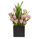 Nearly Natural Tulips Artificial Arrangement in Black Vase