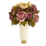 Nearly Natural 22``Peony Artificial Arrangement in Cream Vase with Gold Base