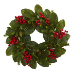 Nearly Natural 4264 24" Artificial Green & Red Magnolia Leaf, Berry & Pine Wreath