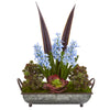 Nearly Natural P1223 21" Artificial Green & Blue Hyacinth & Succulent Plant in Metal Tray