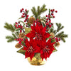 Nearly Natural 1992 17" Artificial Red Poinsettia, Holly Berry & Pine Arrangement