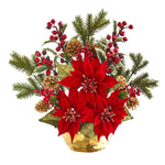 Nearly Natural 1992 17" Artificial Red Poinsettia, Holly Berry & Pine Arrangement