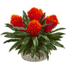 Nearly Natural 8536 15" Artificial Green & Red Bromeliad Plant in Weathered Oak Planter