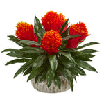 Nearly Natural 8536 15" Artificial Green & Red Bromeliad Plant in Weathered Oak Planter