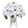 Nearly Natural A1059 20" Artificial White & Green Poinsettia Arrangement in Metal Planter