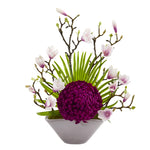 Nearly Natural A1228 19" Artificial Green & Pink Mum, Magnolia & Fan Palm Arrangement in Vase